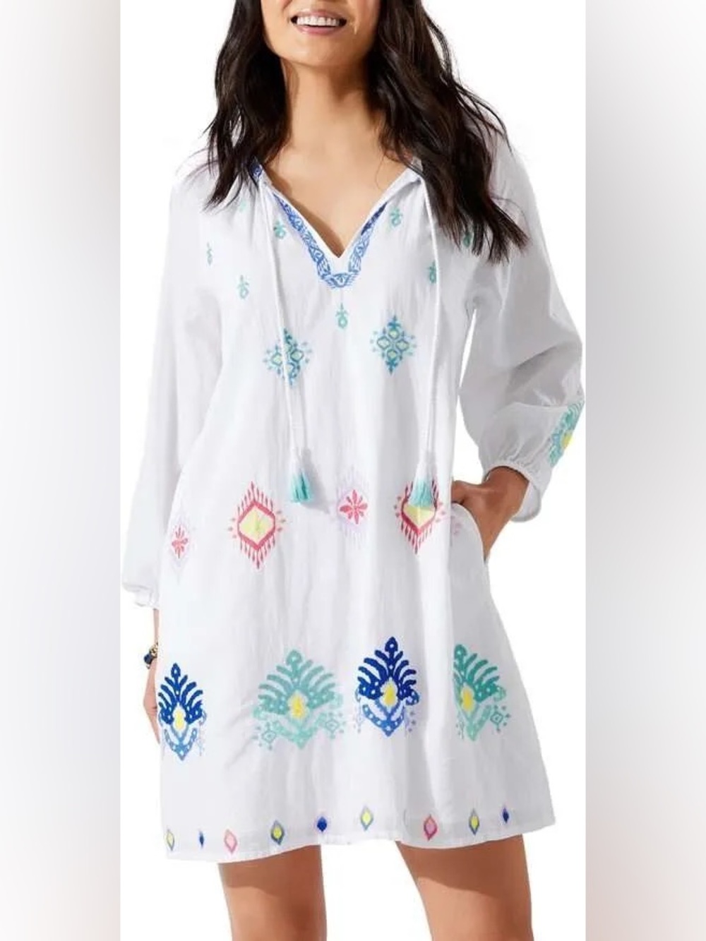 Tommy Bahama Watercolor Cotton Voile Embroidered Split Neck Dress Size XL